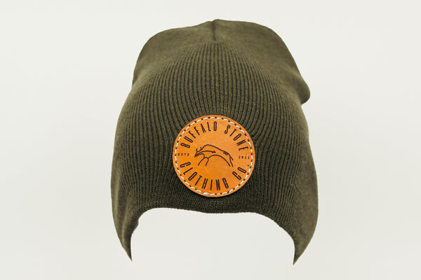 Olive Green Beanie Toque with Circle Patch