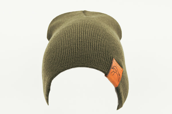 Olive Green Beanie Toque with Flip Tag