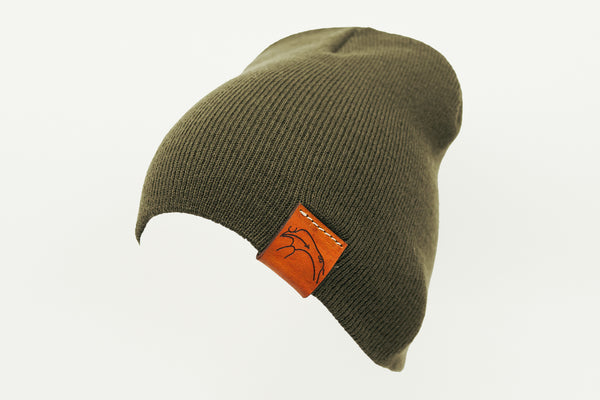 Olive Green Beanie Toque with Flip Tag