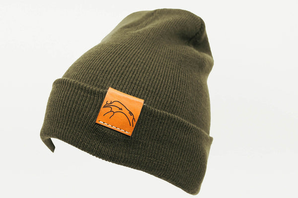 Olive Green Cuffed Toque with Flip Tag